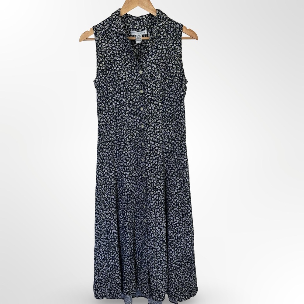 Vintage 90s Jonathan Martin Daisy Dress Navy Rayon Sleeveless Feminine Midi